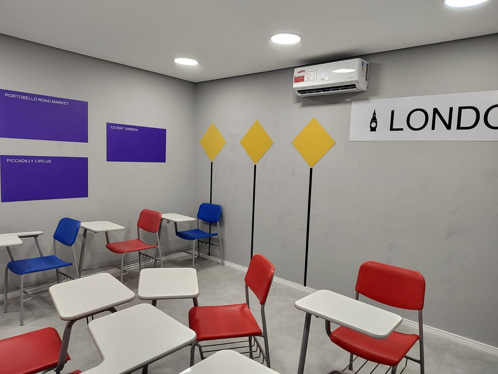 Sala de aula temática London, com placa da cidade, losangos amarelos e painéis roxos de pontos turísticos