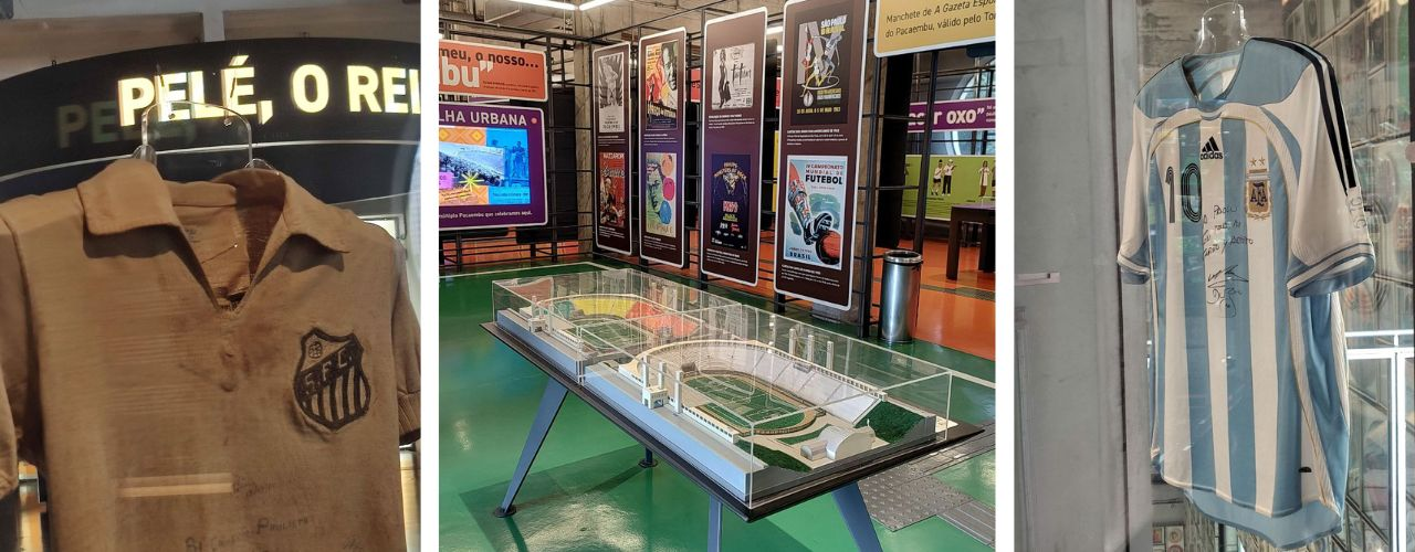 Camisas históricas de futebol e maquete de estádio protegidas e apresentadas com suportes transparentes